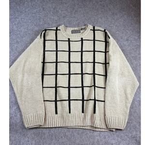 Vintage 90s David Taylor Crewneck Sweater Mens Large Tan Black Grid Knit Grandpa